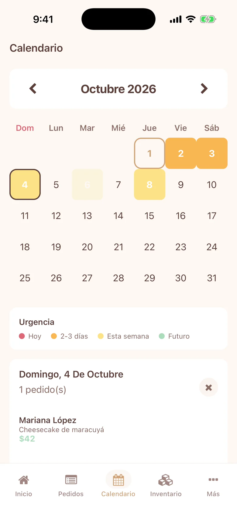Calendario de Miga con las entregas marcadas por urgencia