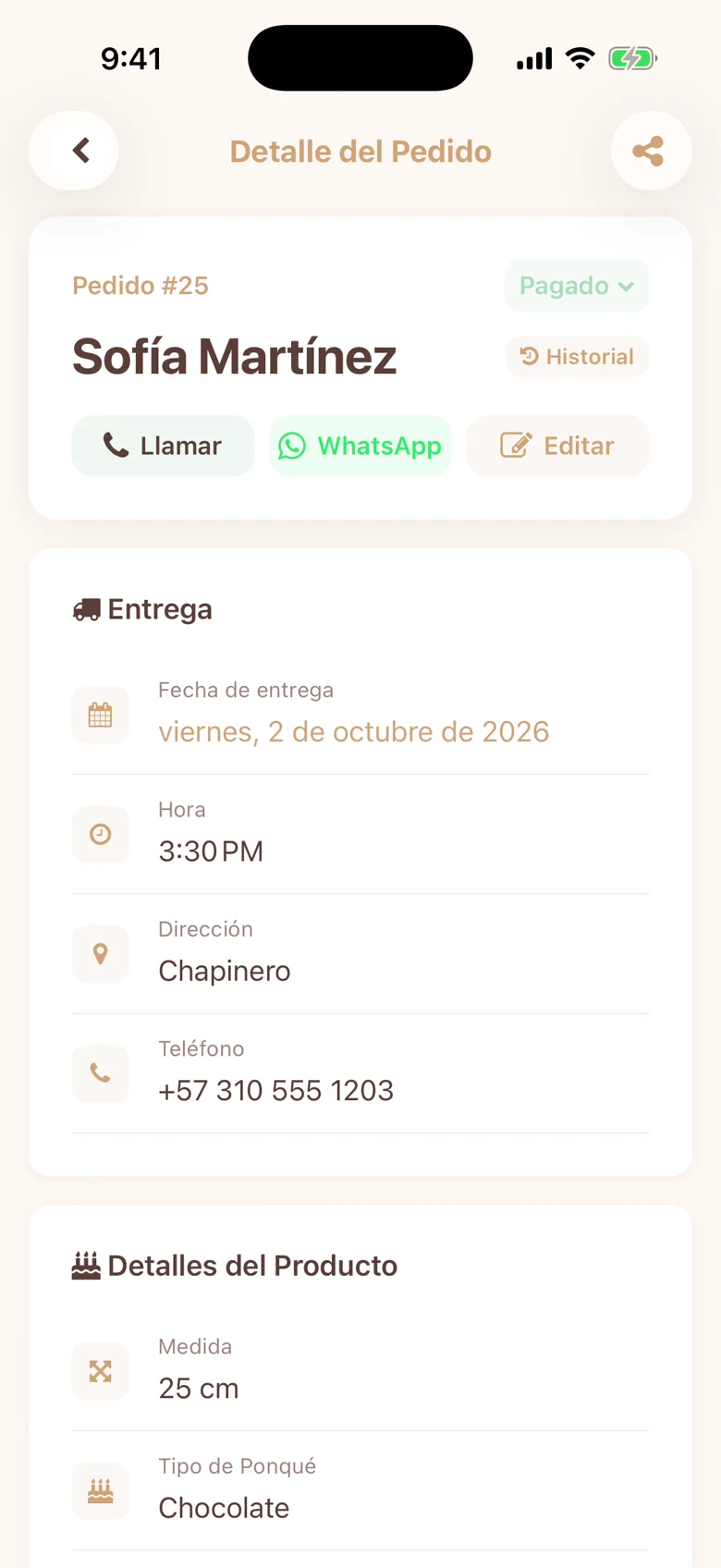 Detalle de un pedido en Miga con la fecha de entrega, el teléfono de la clienta y el pago